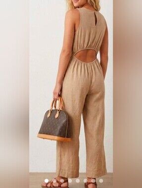 Sleeveless Tan Brown Women’s Linen Blend Jumpsuit With Pockets XS